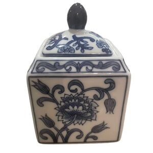 Pier 1 Tang Candy Box Spice Jar Container & Lid Blue White Floral Asian Inspired